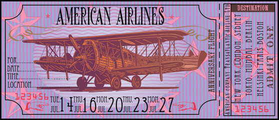 airplane ticket in a vintage style with an image of an old glider. - obrazy, fototapety, plakaty