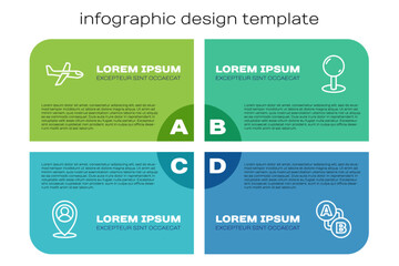 Set line Location with person, Plane, Route location and Push pin. Business infographic template. Vector