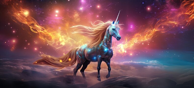 Magical unicorn galloping through fiery stars, a white equestrian fantasy in pastel sky. Concept of mythical creature and imagination.