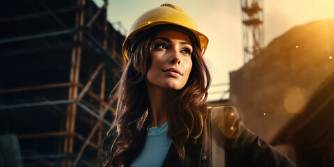 Fototapeta na wymiar Beautiful young woman wearing a protective construction helmet in the background of a construction site. Creative wallpaper with woman builder.