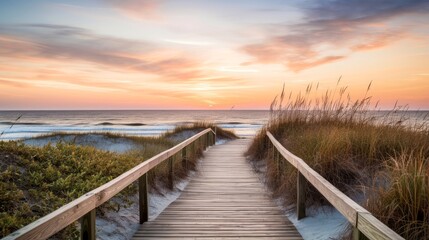 Fototapeta na wymiar Empty wooden walkway on the ocean coast in the sunset time, pathway to beach, Generative AI illustration