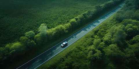 Bird eye top view of single car driving on long highway road from green forest. 