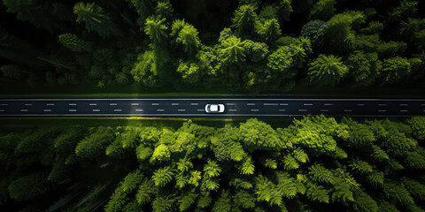 Bird eye top view of single car driving on long highway road from green forest. 