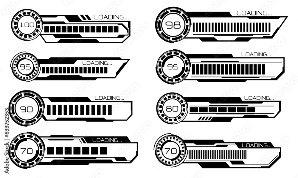 Poster set of hud modern loading progress bars user interface elements design technology cyber black on whi