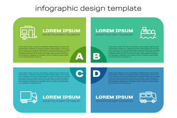 Set line Delivery cargo truck, Rv Camping trailer, Bus and Oil tanker ship. Business infographic template. Vector