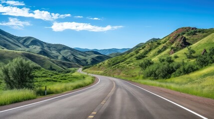 Mountain road. Landscape with rocks, sunny sky with clouds and beautiful asphalt road in the evening in summer. Highway in mountains, Generative AI illustration