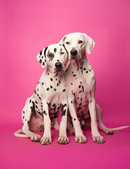 Enter a world where two Dalmatian dogs share an affectionate embrace against a soft pink background. Generative AI.