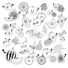 顔のついた手描き フルーツのアイコンイラスト　ベクター 線画
