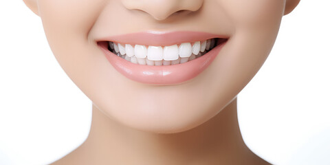 Obraz premium Close-up of woman's smile with white bleached teeth isolated on flat light background with copy space. Professional teeth whitening. 