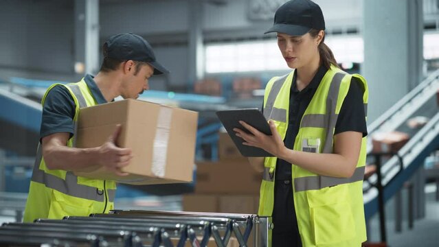 Caucasian Female Manager And Male Load Worker Talking In Warehouse Facility Of Logistics Company. Man Unloading Boxes From Automated Conveyor Belt, Woman Using Tablet Computer To Check Inventory.
