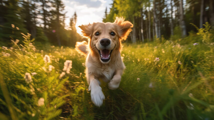 Playful and energetic Golden Retriever bounding through a summer sunny field of tall green grass. Creative wallpaper for the dog shelter of a charity organization.