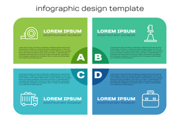 Set line Mining dump truck, Roulette construction, Briefcase and Tacheometer, theodolite. Business infographic template. Vector