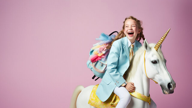 A happy young beautiful cheerful girl goes to school on her fairy tale white unicorn. Abstract concept on a pastel pink background. Education is more beautiful in imagination.