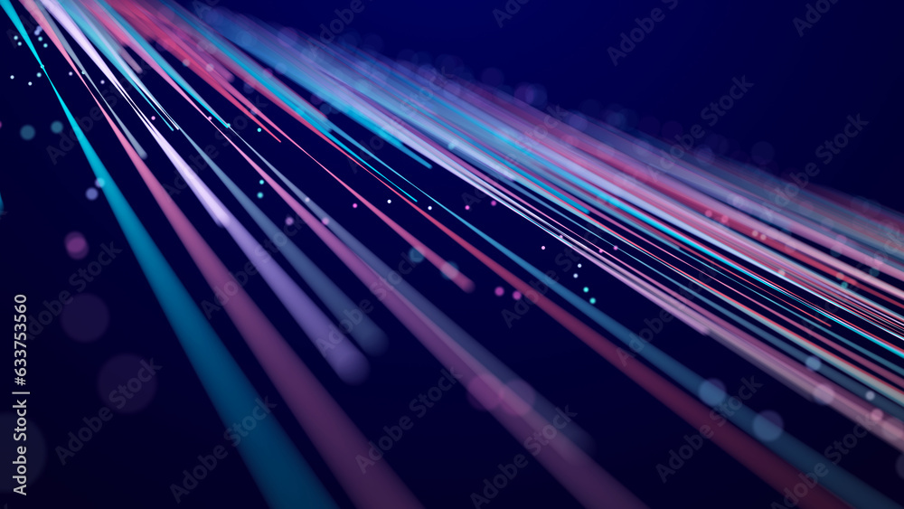 Poster abstract glitter particles in dark space. network data transfer concept. 3d rendering.