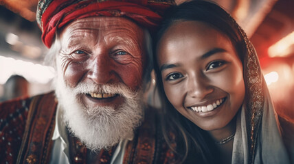 old caucasian man with bad yellow teeth and wrinkles and gray beard and gray hair wears traditional clothes, together with younger 20 year old girlfriend with asian look, or daughter abroad, tuk tuk
