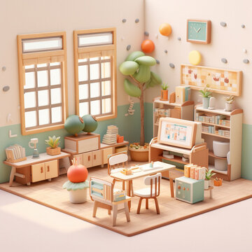 Small children's classroom from imagination as a toy made of pastel colored plasticine, how kindergarten children imagine going to school.