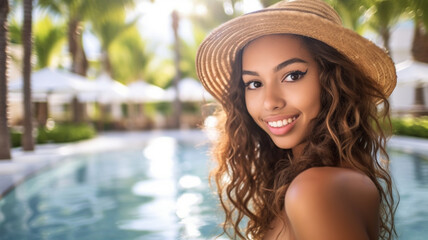 young adult hispanic woman sitting on pool edge of swimming pool and splashing in water, multi-ethnic tanned skin color, tropical island, hotel villa or resort or beach club, palm trees and sunny day