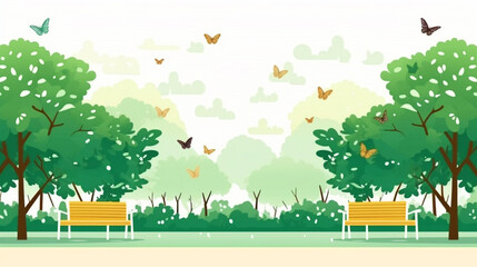 City park daytime view with benches, butterflies, and trees - ai generative