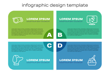 Set line Dog, Retractable cord leash, Cat litter tray with shovel and Fish. Business infographic template. Vector
