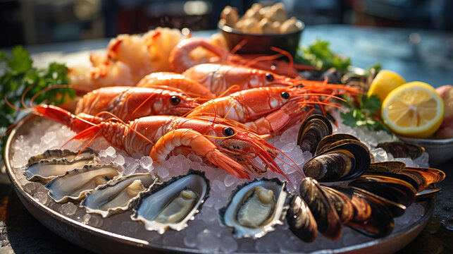 Raw seafood on the ice. Generative Ai