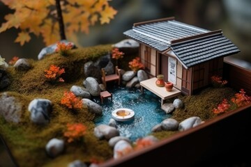 Fototapeta na wymiar Diorama of Japanese garden. Hot spring, toy holiday home. Miniature of Japanese resort created with Generative AI Technology