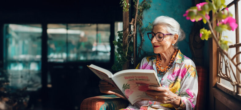 An elegant elderly lady enjoys her free time reading. A modern grandmother reads books and educates herself, because it is never too late to acquire new knowledge.