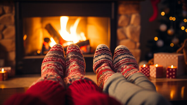 Cold fall or winter evening. Feet in woolen socks warm their feet by the Christmas fireplace.