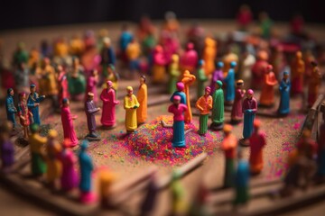 Fototapeta premium Indian holiday holi diorama. Miniature Colored people with paints celebrate the Hindu beginning of spring. Bright colorful concept created with Generative AI Technology