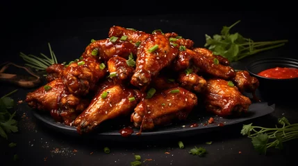 Foto op Aluminium Grilled sticky chicken wings on plate over dark background. Buffalo chicken wings with sauce. Close up view © petrrgoskov
