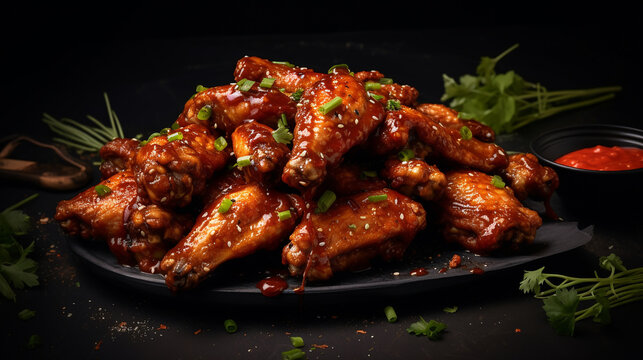 Grilled sticky chicken wings on plate over dark background. Buffalo chicken wings with sauce. Close up view
