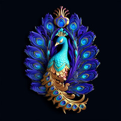 3D rendered blue and golden peacock wall sculpture - ai generative
