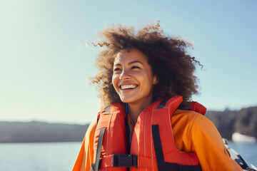 Happy poc woman on boat wearing orange life jacket	