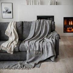 interior gray sofa near the fireplace, ai generation
