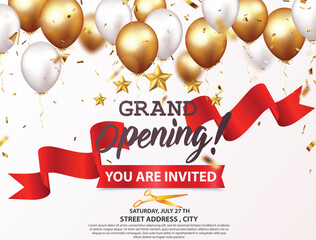 Grand opening invitations card design with gold ribbon, confetti and balloons