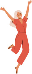 Happy woman dancing, jumping, waving.  Vector illustration.