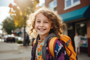 A young cute school girl, ready for the first day of school, learning and education. Put backpack on, back to school, bell rings for the start of class.