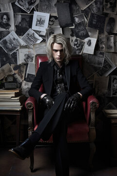 A Dark Gothic Man In A Black Vamp Suit With White Hair Sits On His Armchair, A Psycho