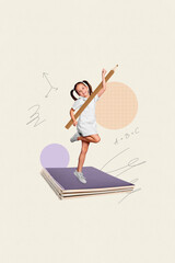 Composite picture collage of little funky schoolgirl hold pencil writing notes lesson formula geometry isolated on painting background