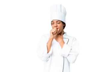 Young African American chef over isolated chroma key background is suffering with cough and feeling bad
