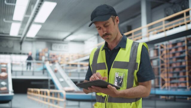 Caucasian Man Working in a Modern Large Logistics Center with Automated Belt Conveyors for Sorting Packages. Man Using Tablet to Check Inventory In Distribution Warehouse Of e-Commerce Marketplace.