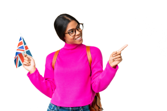 Young African American woman holding an United Kingdom flag over isolated chroma key background pointing finger to the side and presenting a product