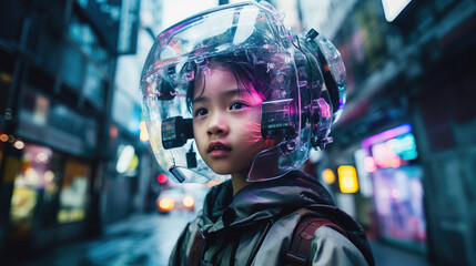 A cyber kid, young girl in a robot suit on the streets of a futuristic city. Virtual reality becomes reality and artificial intelligence rules humanity.