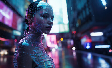 A cyber girl in a robot suit on the streets of a futuristic city. Virtual reality becomes reality and artificial intelligence rules humanity.
