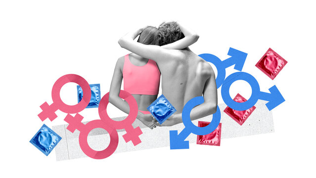 Man and woman, young couple hugging over white background with gender signs and condoms. Safety. Contemporary art collage. Concept of world sexual health day, relationship, awareness. Poster, ad