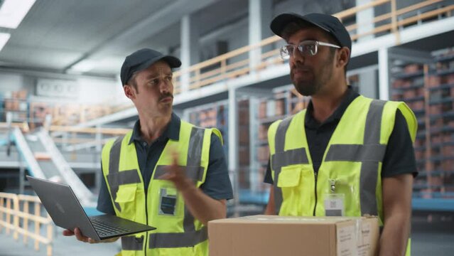 Caucasian Manager And Multiethnic Load Worker Walking In Warehouse With Automated Conveyor Belt, Using Laptop Computer. Two Man Working With Orders Of Online Customers In Modern Logistics Facility.