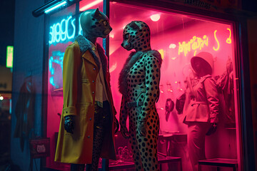 In the future, every day is Halloween. People in eccentric cyber costumes walk the streets of the neon city. Fashion shows of futuristic costumes.