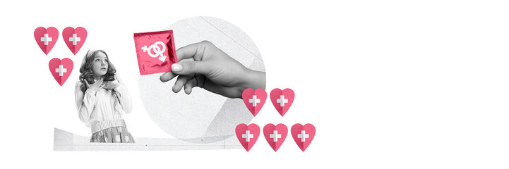 Female hand giving condom to young astonished girl. Sex education. Contemporary art collage. Concept of world sexual health day, relationship, health care, awareness. Poster, ad. Banner