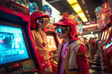 Futuristic cyberpunk arcade with machines where are young people, teenagers in eccentric costumes, the youth of the technological future know how to have fun.
