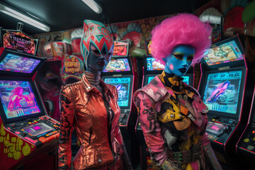 Futuristic cyberpunk arcade with machines where are young people, teenagers in eccentric costumes, the youth of the technological future know how to have fun.
