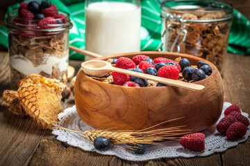 Tasty breakfast with milk and fruit.